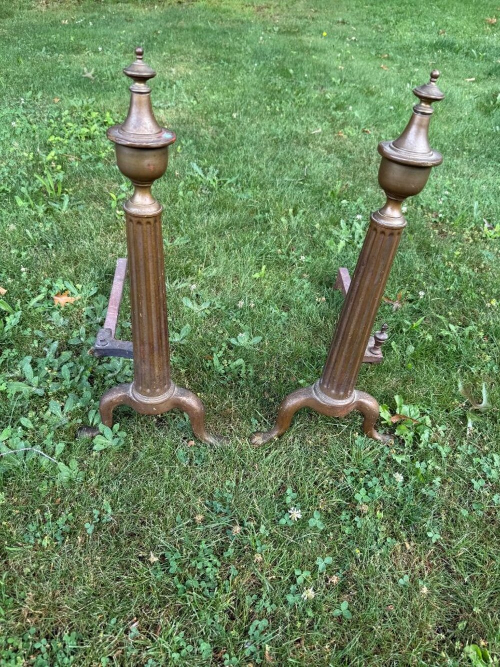 Antique Brass Fireplace Andirons With Fluted Columns & Claw Feet Decorative Pair